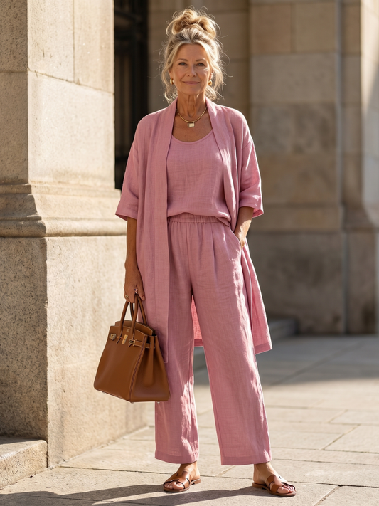 Yael | Ensemble Femme 3 Pièces en Lin Kimono Top et Pantalon Jambe Large