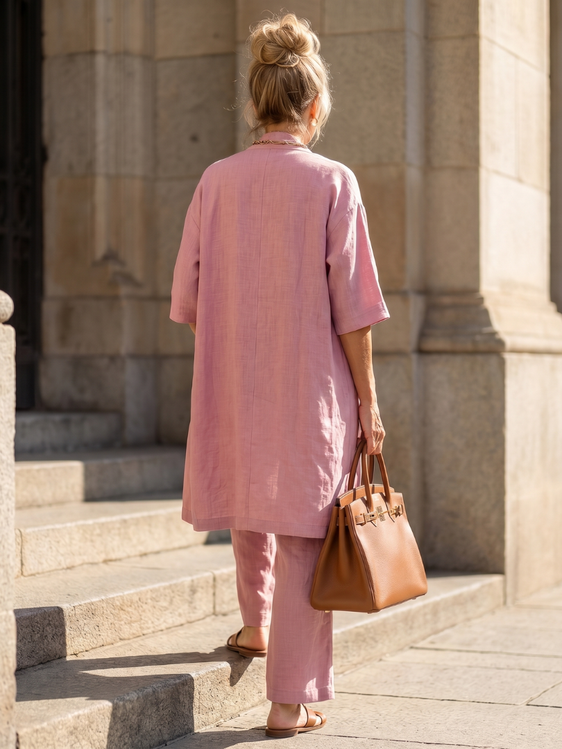 Yael | Ensemble Femme 3 Pièces en Lin Kimono Top et Pantalon Jambe Large