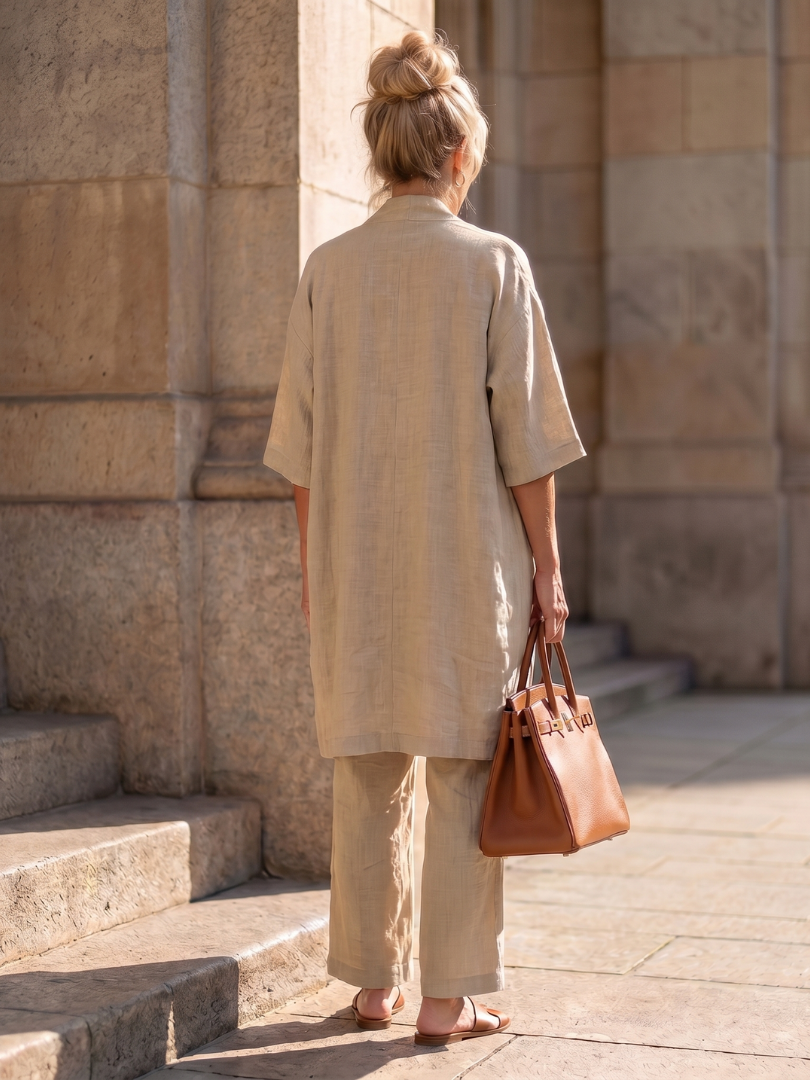 Yael | Ensemble Femme 3 Pièces en Lin Kimono Top et Pantalon Jambe Large