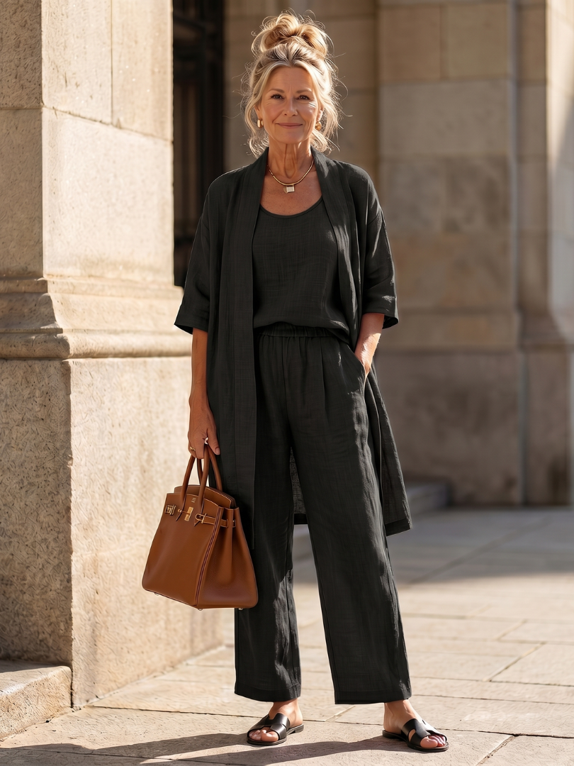 Yael | Ensemble Femme 3 Pièces en Lin Kimono Top et Pantalon Jambe Large